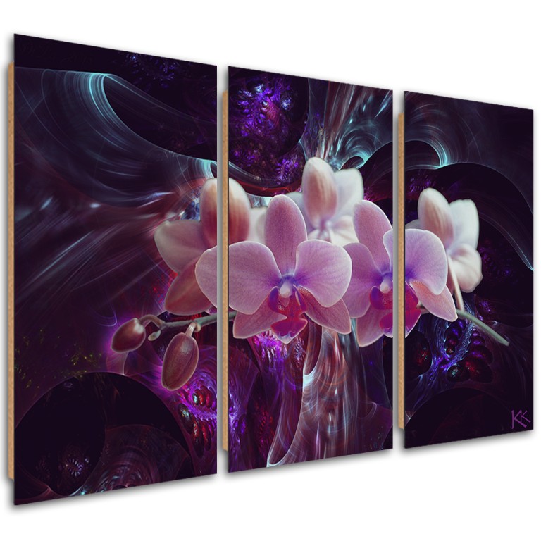 Three piece picture deco panel, White orchid on dark background