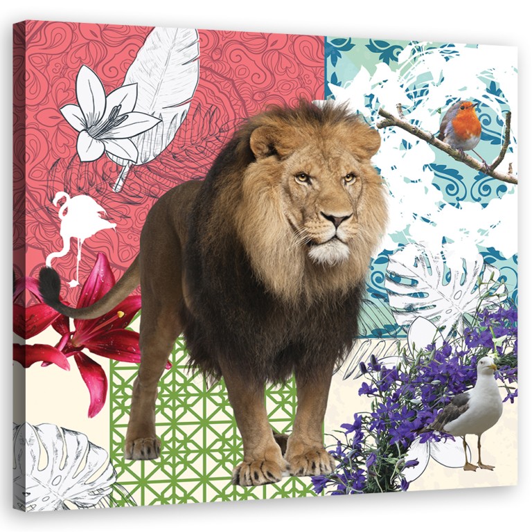 Canvas print, Lion and birds collage