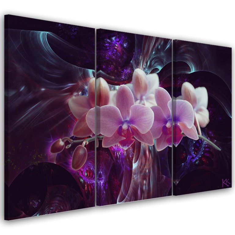 Three piece picture canvas print, White orchid on dark background