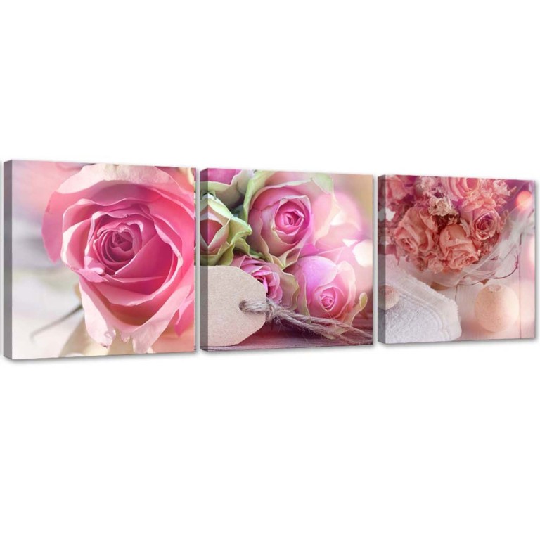 Set of three pictures canvas print, Pink Vintage Roses