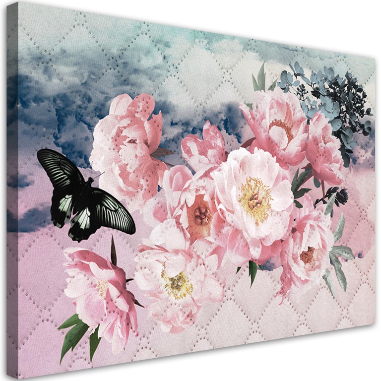 Canvas print, R����owe kwiaty i czarny motyl