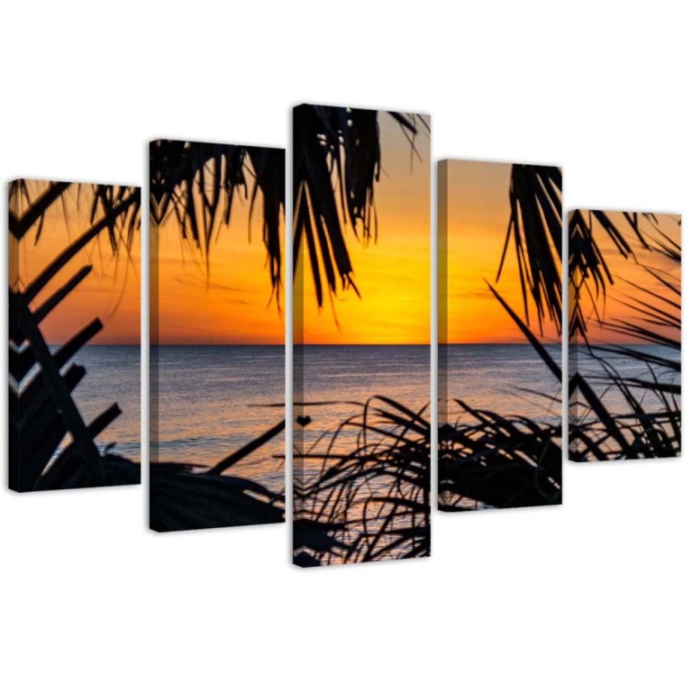 Five piece picture canvas print, Beach Sea Sand Sunset