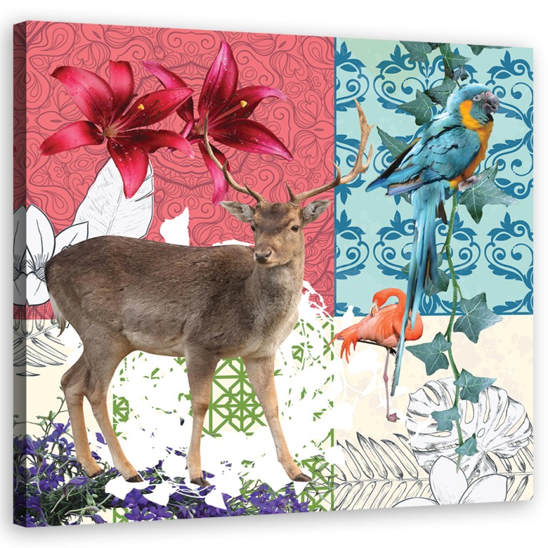 Canvas print, Deer Parrot Flamingo collage