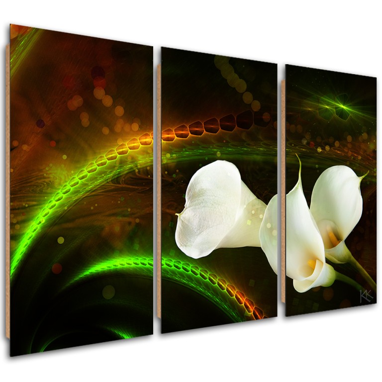 Three piece picture deco panel, Bia��e kwiaty na br��zowym tle