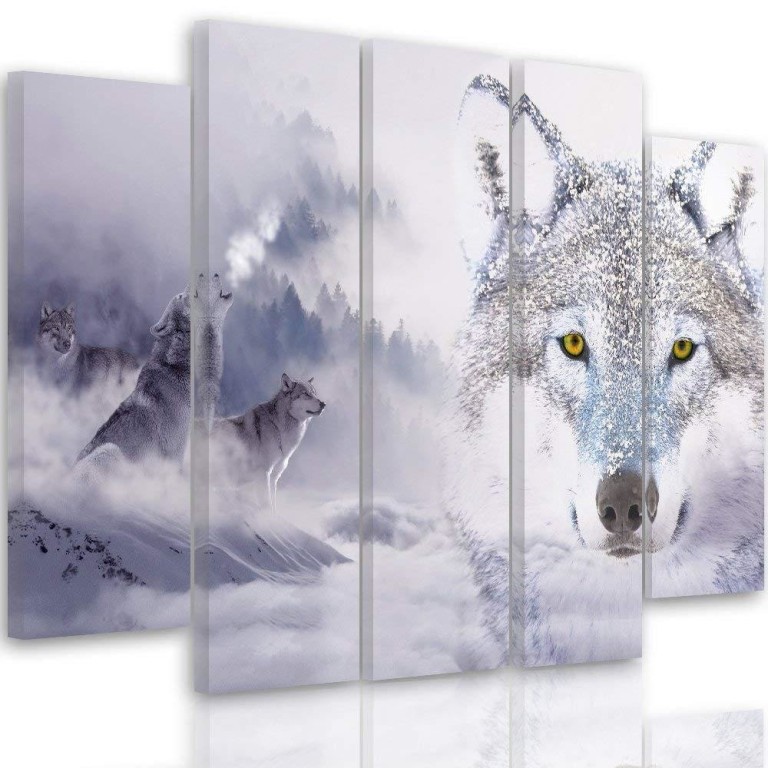 Five piece picture canvas print, Wolf Fog Forest Grey