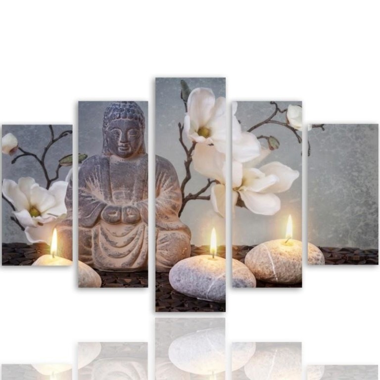 Five piece picture canvas print, Buddha Grey Flowers Stone