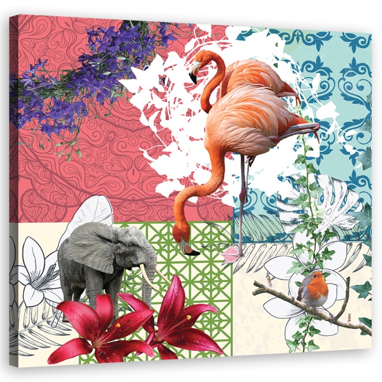 Canvas print,  Flamingo Elephant Bird collage