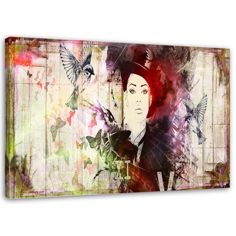 Canvas print, Abstract Woman Hat Birds