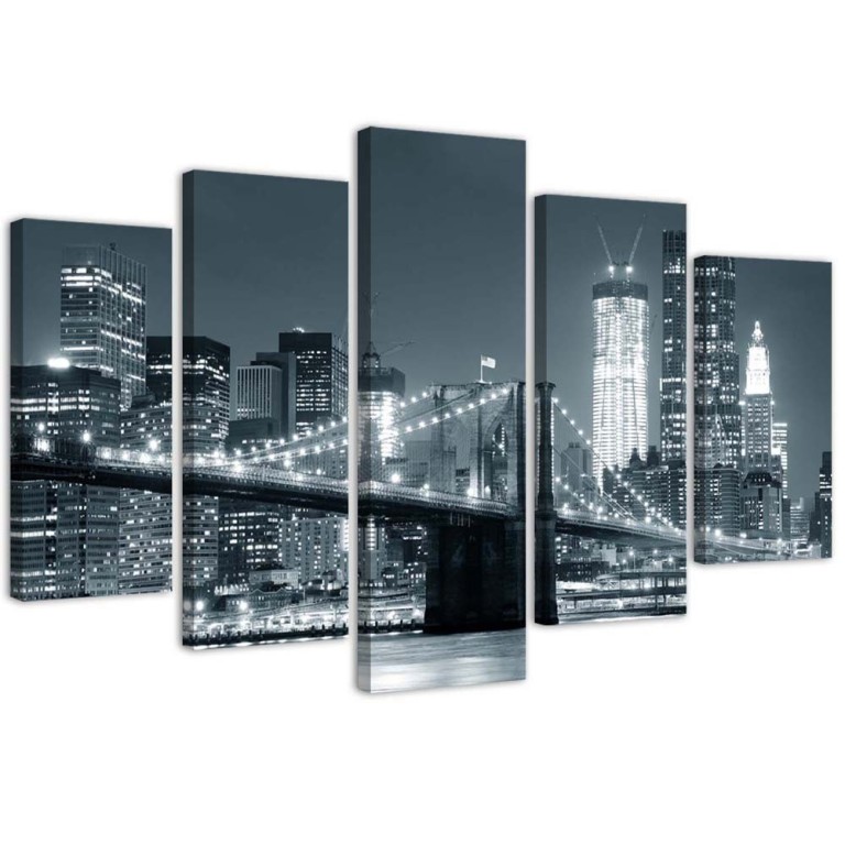 Five piece picture canvas print, New York Bridge Black and White