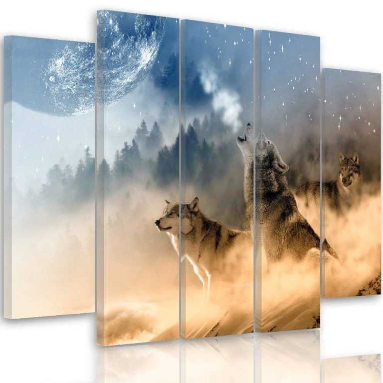 Five piece picture canvas print, Wolves Misty Forest Nature