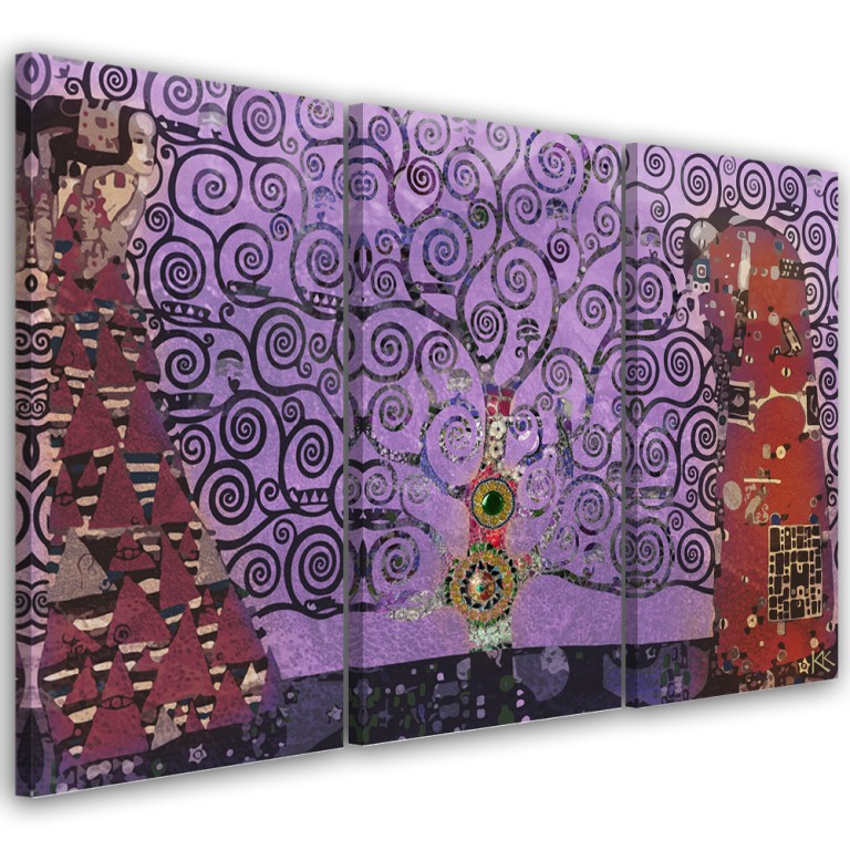 Three piece picture canvas print, Violet Tree of Life abstract