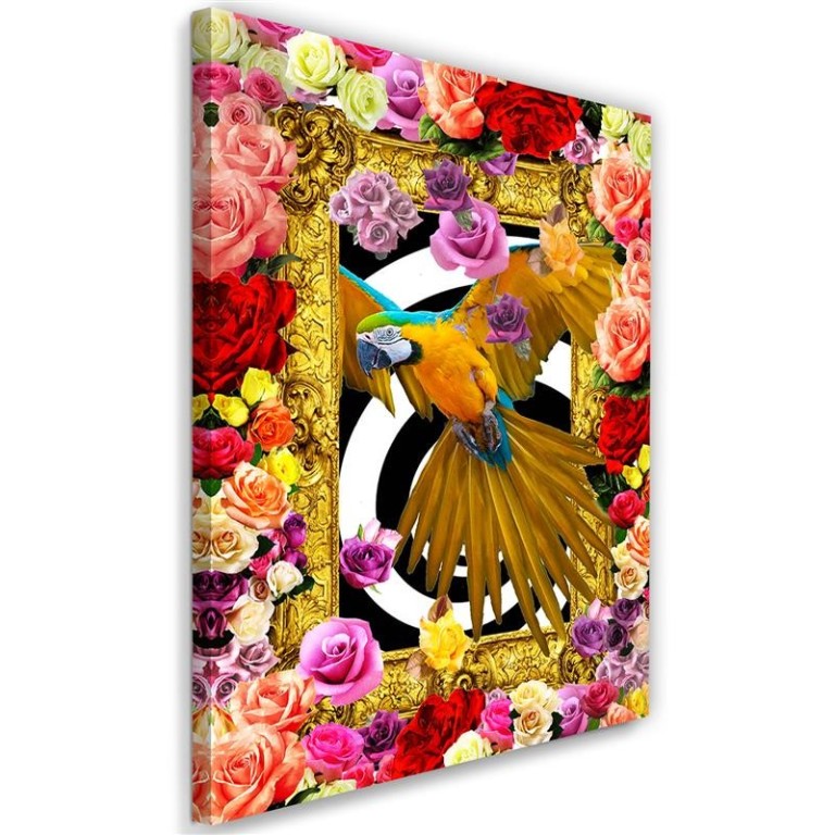 Canvas print, Parrot Colourful Flowers Roses