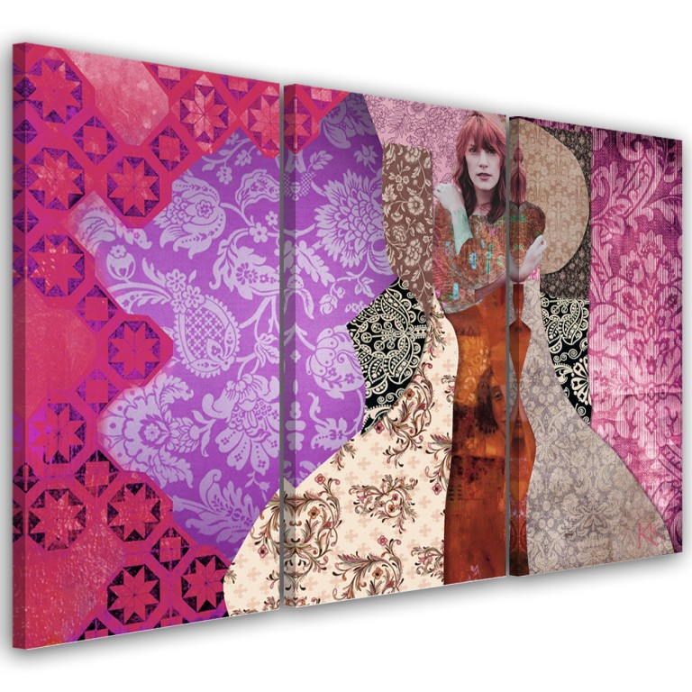 Three piece picture canvas print, Woman on decorative background