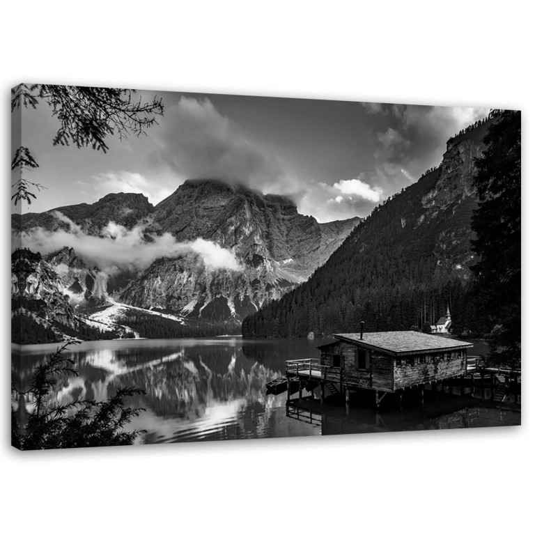 Canvas print, Hut at a mountain lake Alps