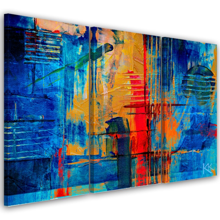 Three piece picture canvas print, Blue abstract hand painted