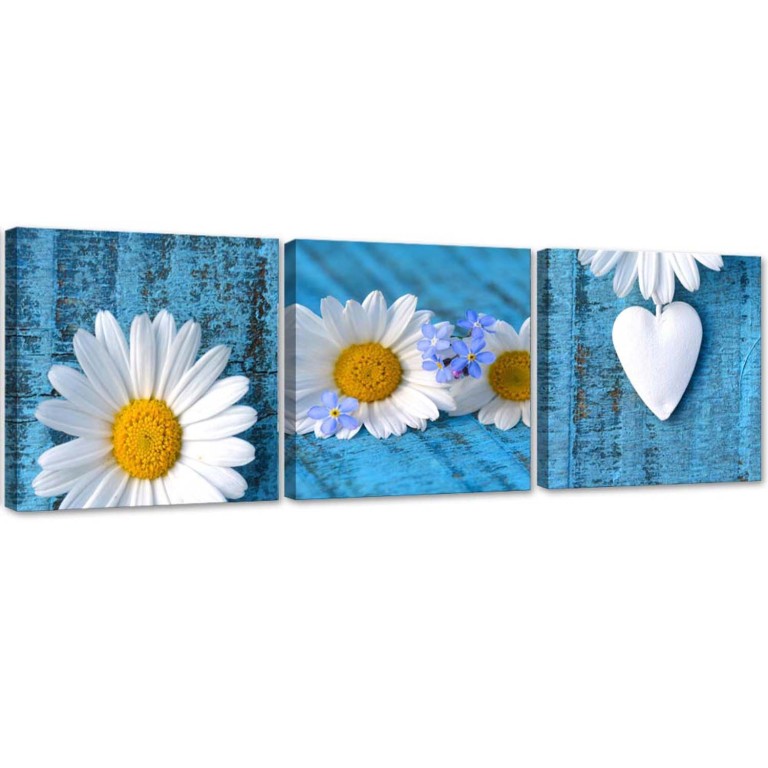 Set of three pictures canvas print, Daisy and heart blue