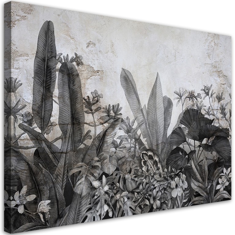 Canvas print, Black and white leaves on concrete background