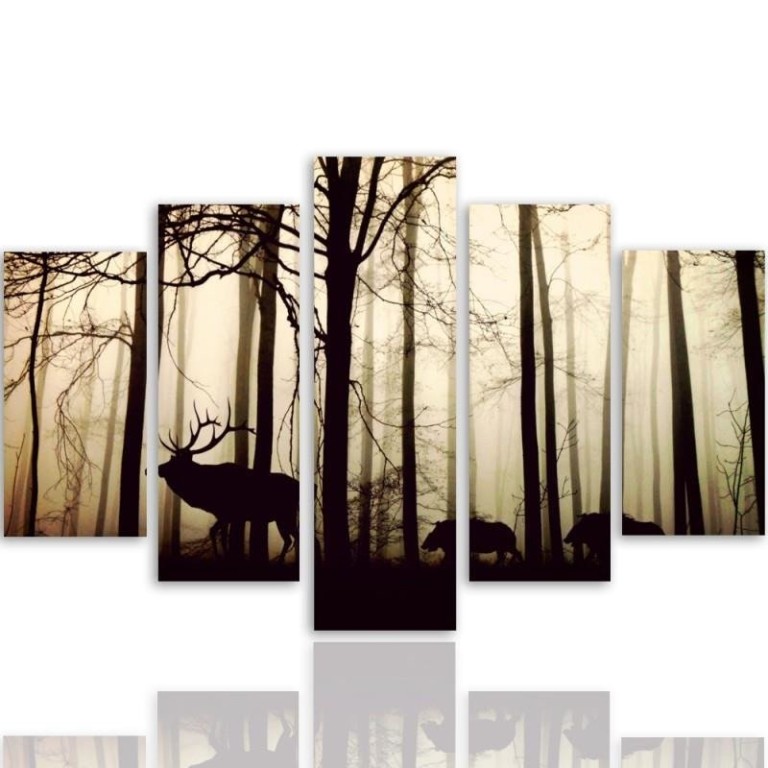 Five piece picture canvas print, Deer in the forest Fog Brown