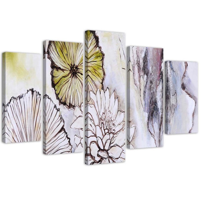 Five piece picture canvas print, Watercolour Flowers Beige