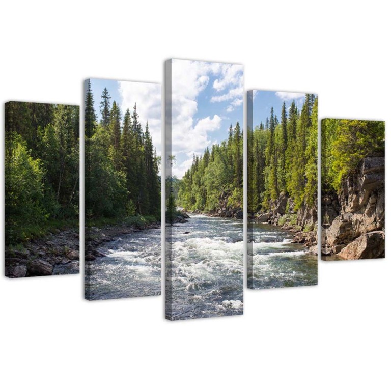 Five piece picture canvas print, Forest Green River Nature