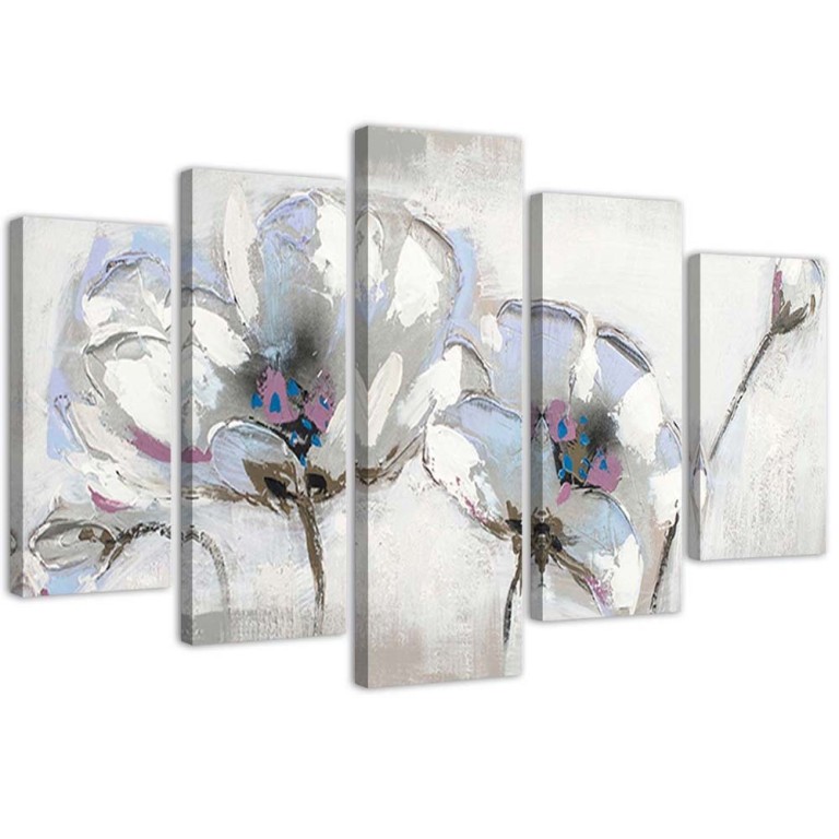 Five piece picture canvas print, Painted Flowers White