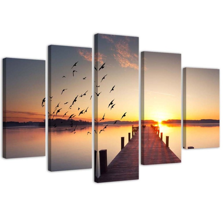 Five piece picture canvas print, Footbridge Birds Sunset