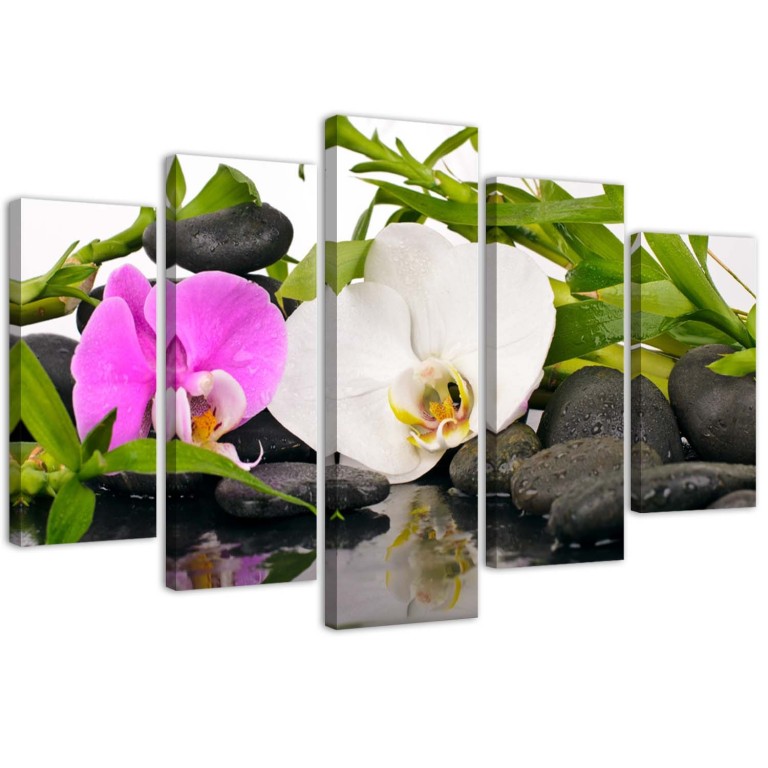 Five piece picture canvas print, Orchid Bamboo Stones