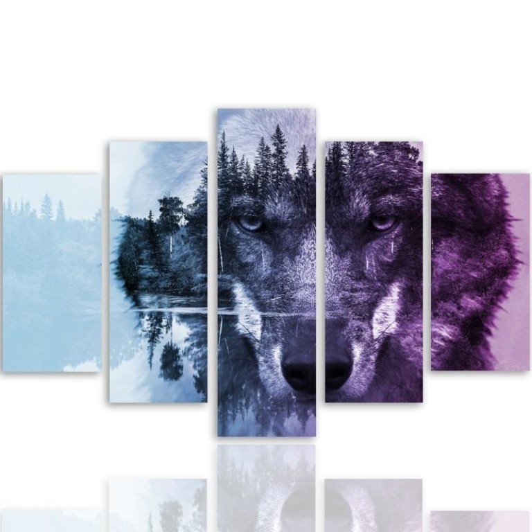 Five piece picture canvas print, Wolf Forest Purple Nature