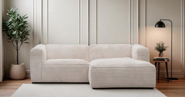 Elegant living room with a beige corner sofa, neutral wall panelling, soft area rug, indoor plant and floor lamp creating a calm and timeless interior.