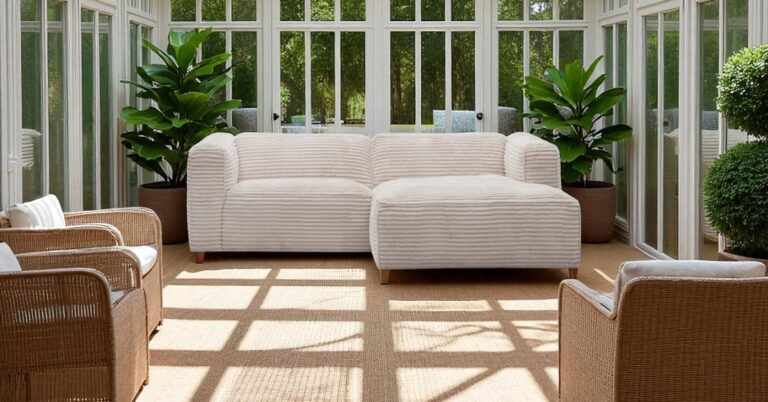 Bright conservatory interior with a modern beige corner sofa, rattan armchairs, large potted plants and floor-to-ceiling glass windows creating an airy garden room atmosphere