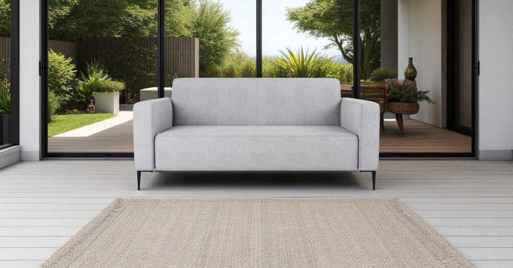 Best furniture ideas for an indoor-outdoor living space: Bolder grey sofa placed in an indoor-outdoor living space with open sliding doors, wooden deck, and garden view, creating a seamless indoor outdoor transition.