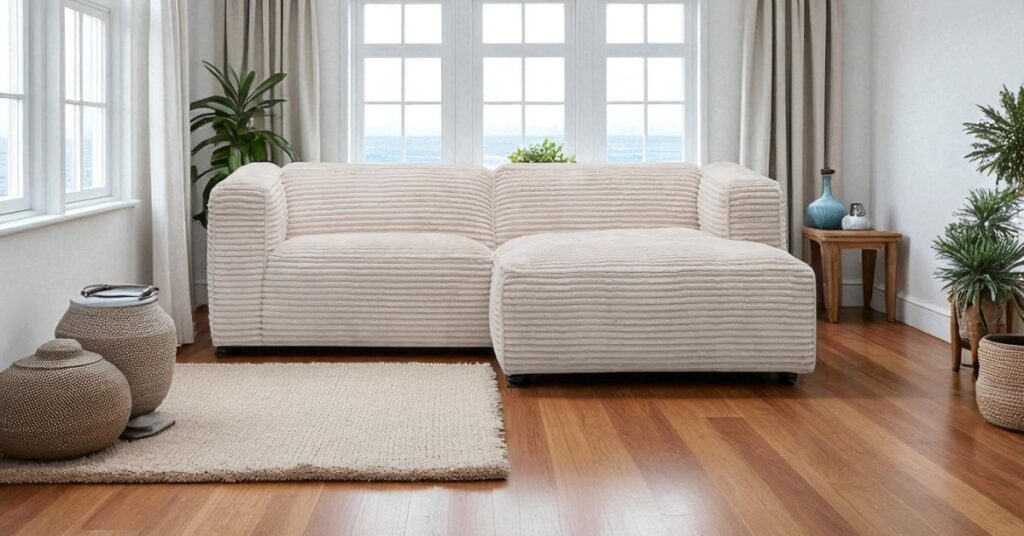 Beige corner sofa in a bright coastal living room with sea view, natural light, woven accents and wooden floor – coastal home furniture care inspiration. Moved Sofa