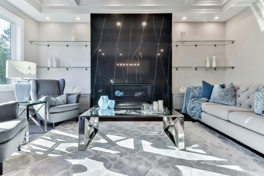 blue modern room with black marble