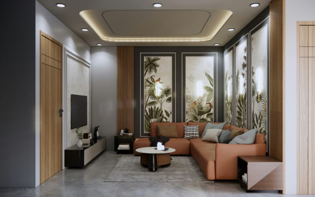 brown and cream colors in a modern room with tropical wallpaper