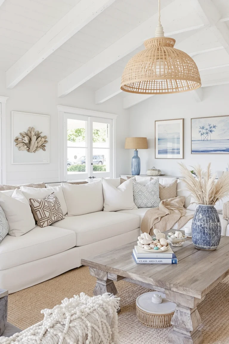 hampton style living room full of beiges and neutral colors