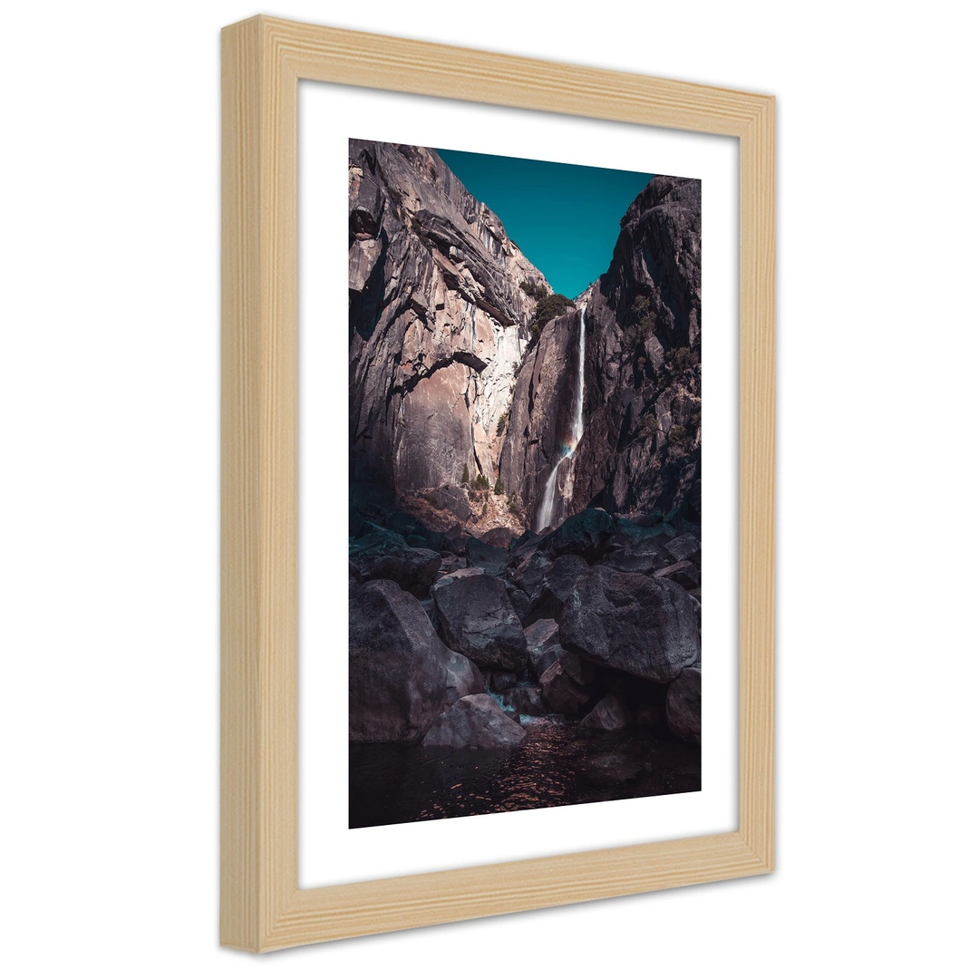 Picture in frame, Waterfall among high rocks