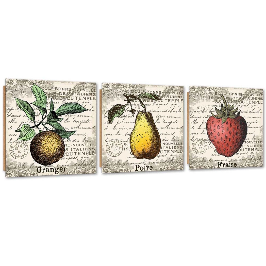 Set of three pictures deco panel, Retro fruit