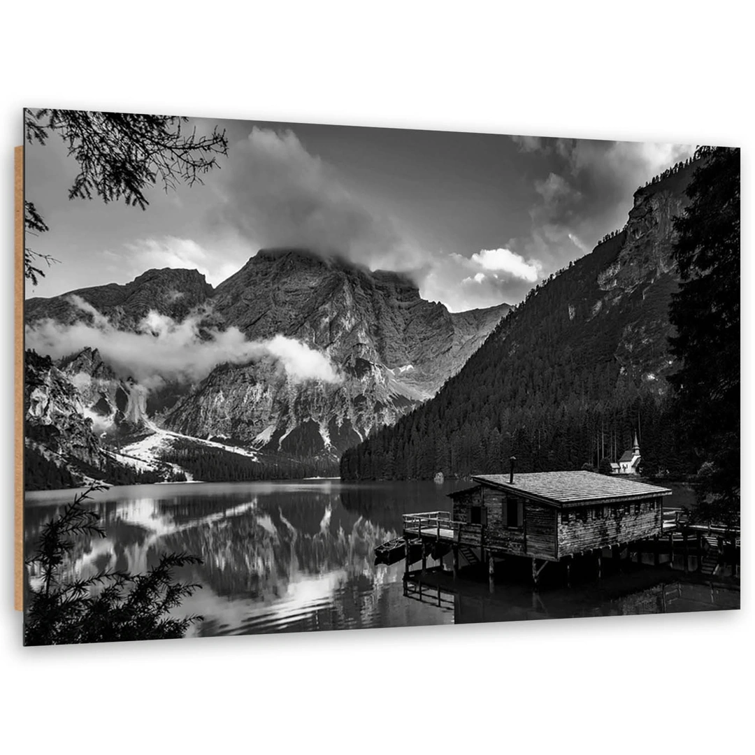 Deco panel print, Mountain lake cottage - black and white