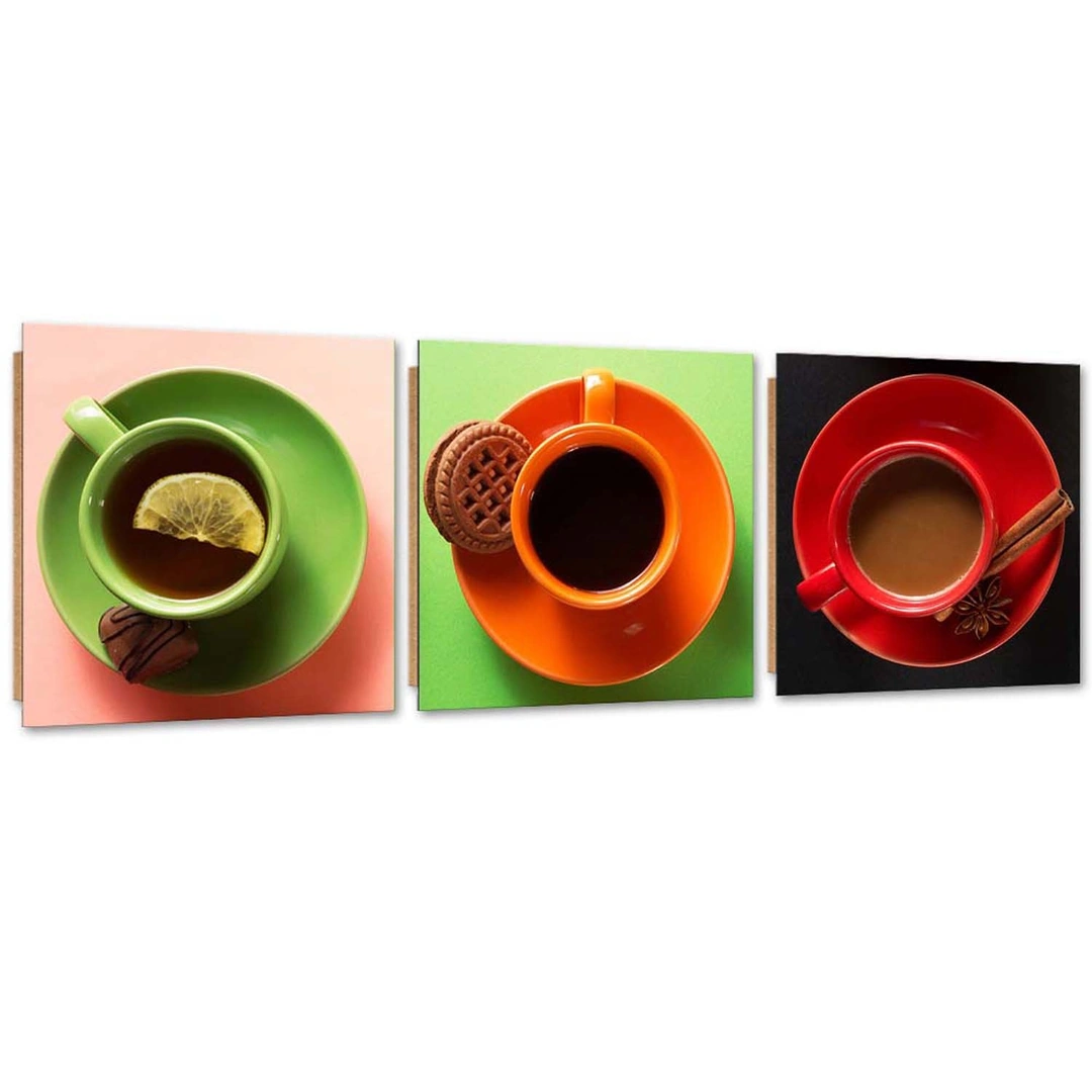 Set of three pictures deco panel, Coloured cups with coffee