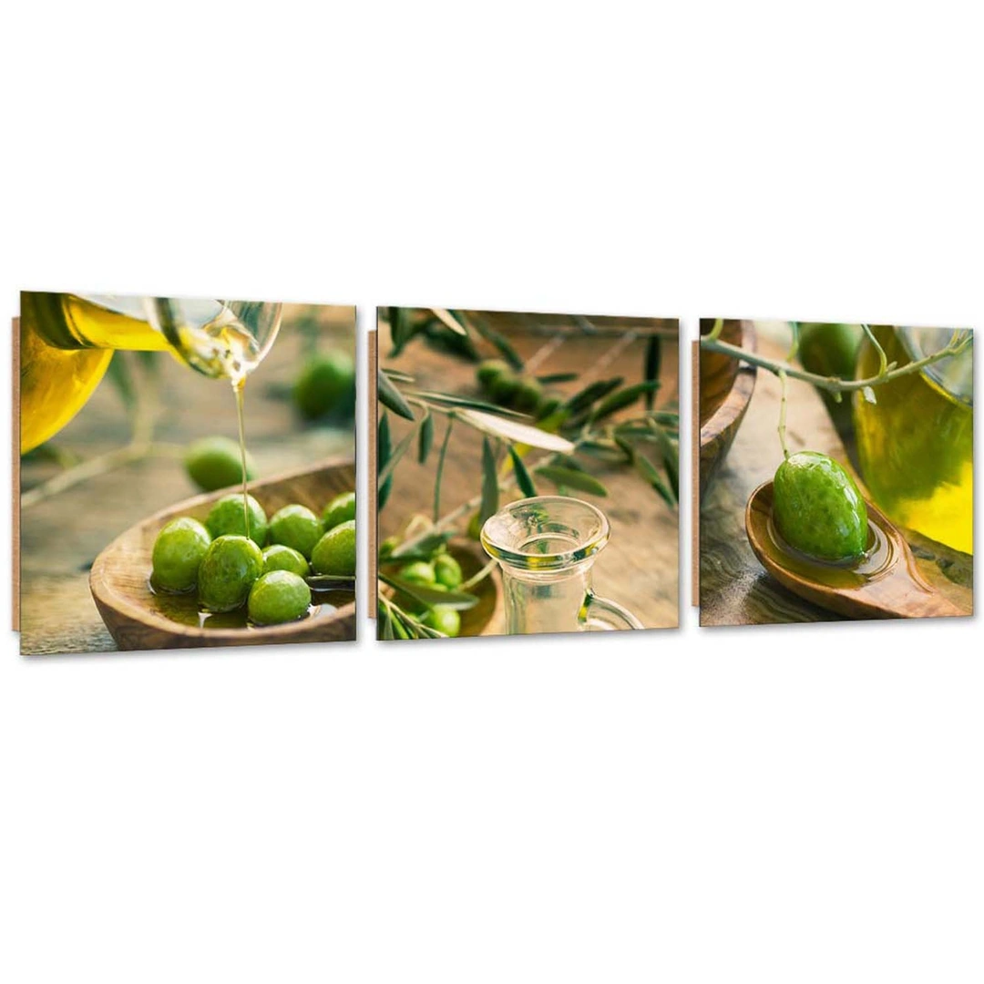 Set of three pictures deco panel, Olive oil and green olives