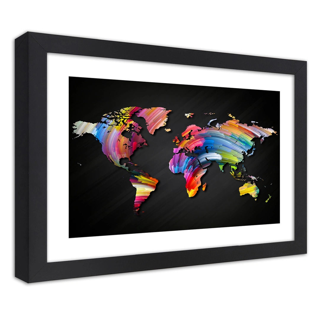 Picture in frame, World map in different colours