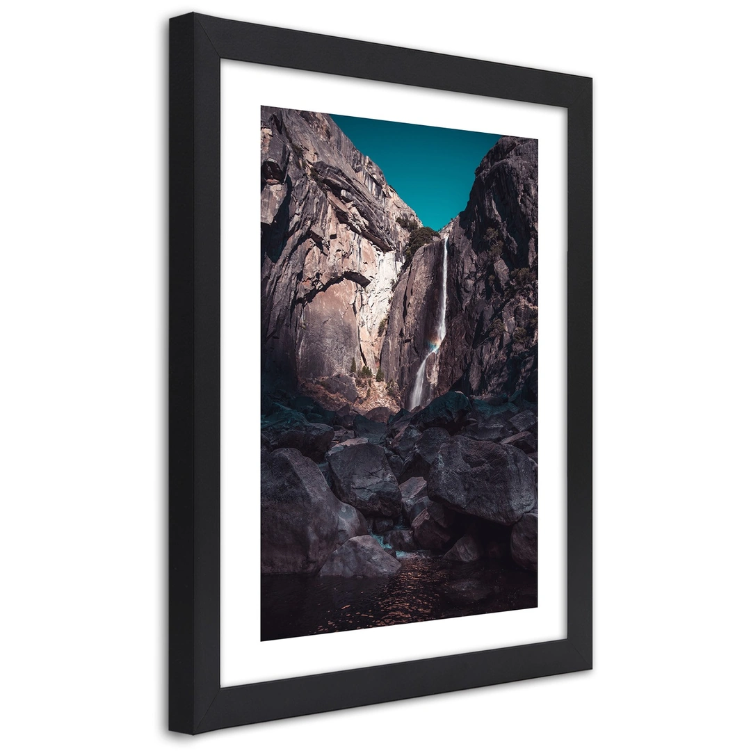 Picture in frame, Waterfall among high rocks