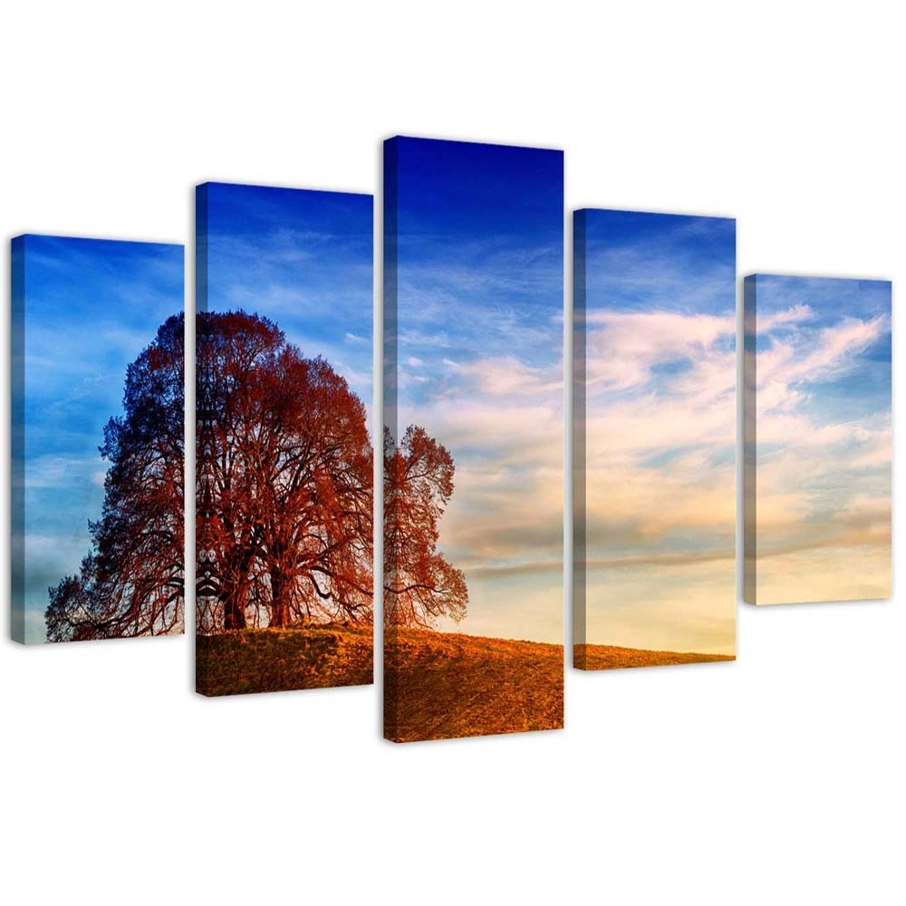 Five piece picture canvas print, Tree on a hill