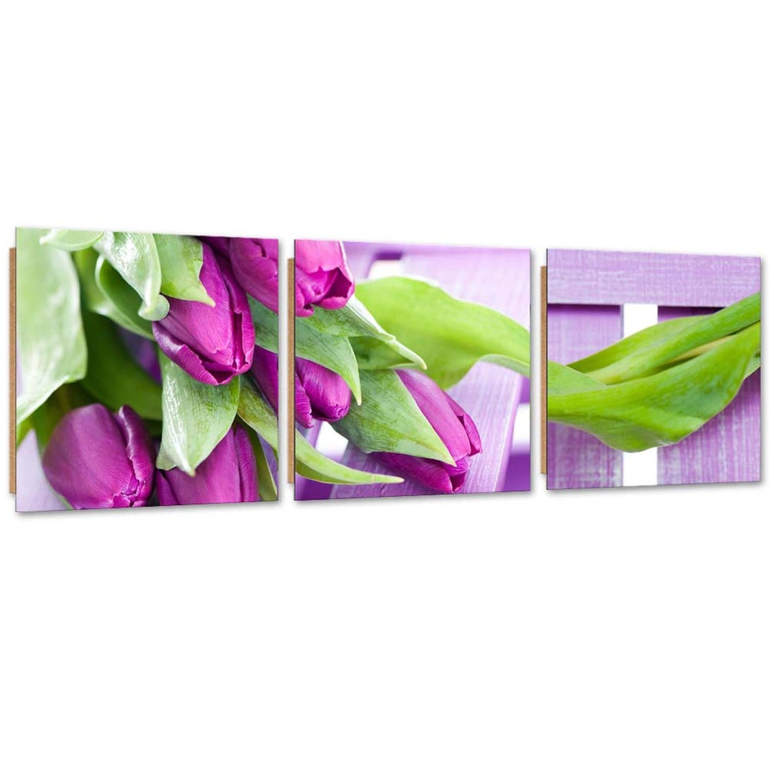 Set of three pictures deco panel, Purple tulips in a bouquet