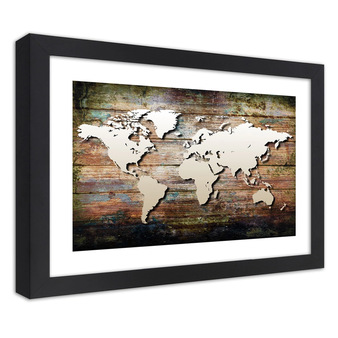 Picture in frame, World map on old planks