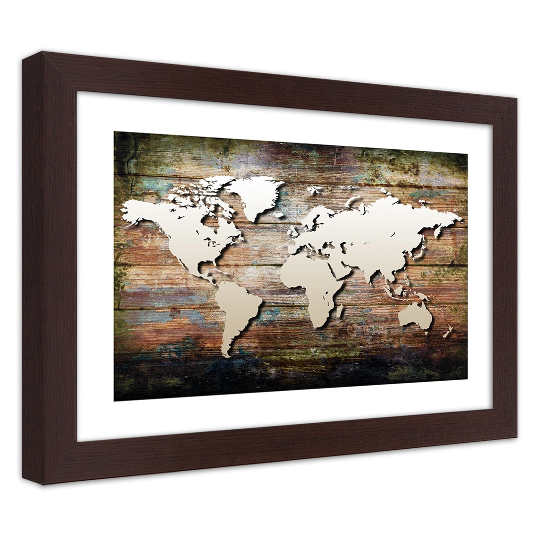 Picture in frame, World map on old planks