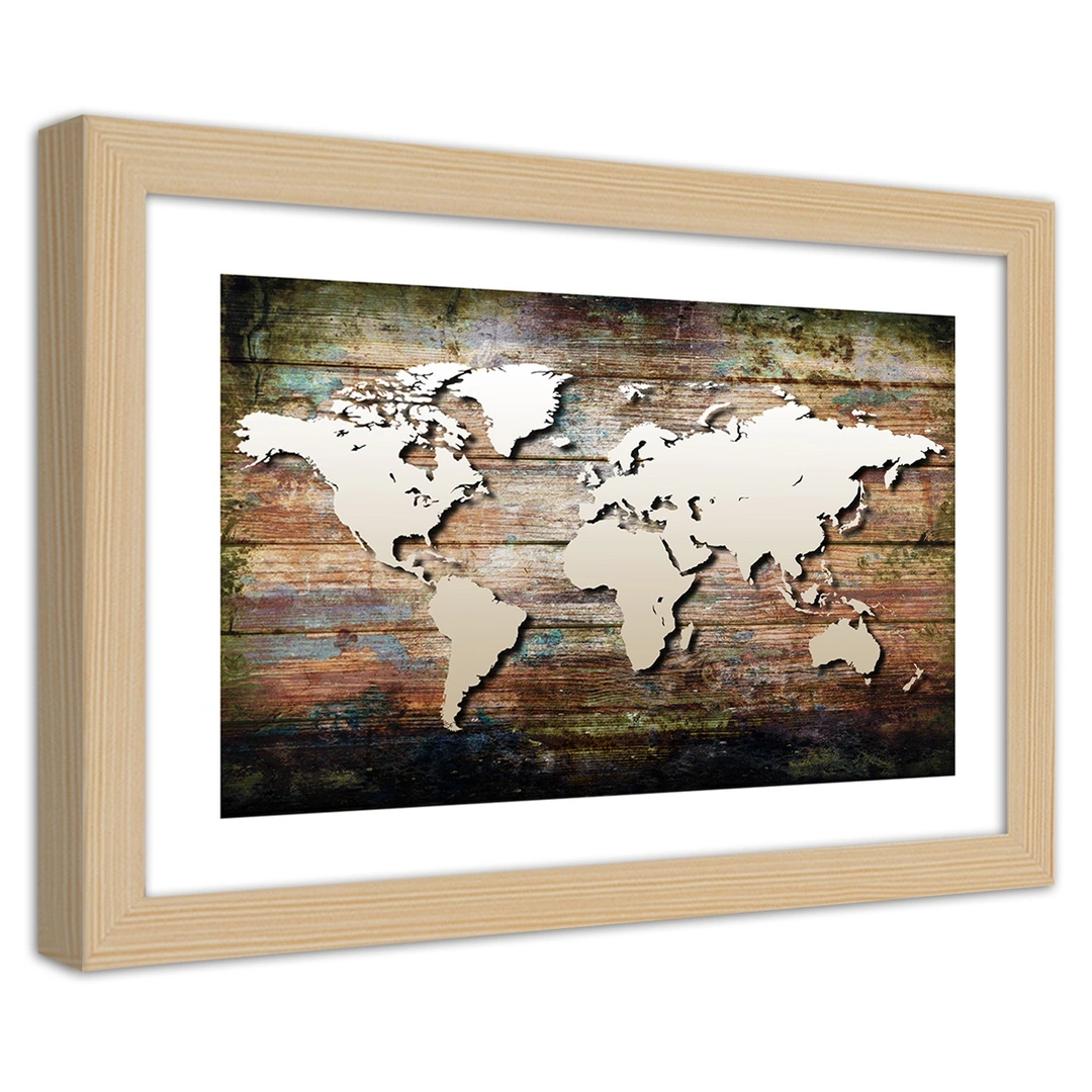 Picture in frame, World map on old planks