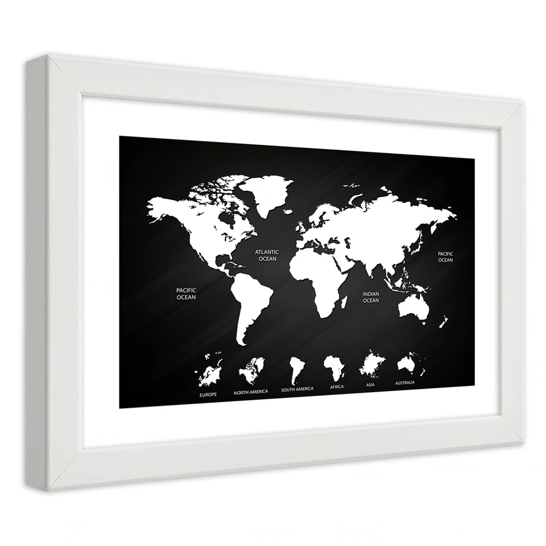 Picture in frame, Contrasting world map and continents