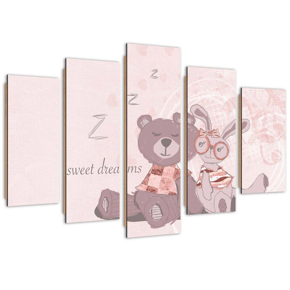 Five piece picture deco panel, Teddy bear and hare