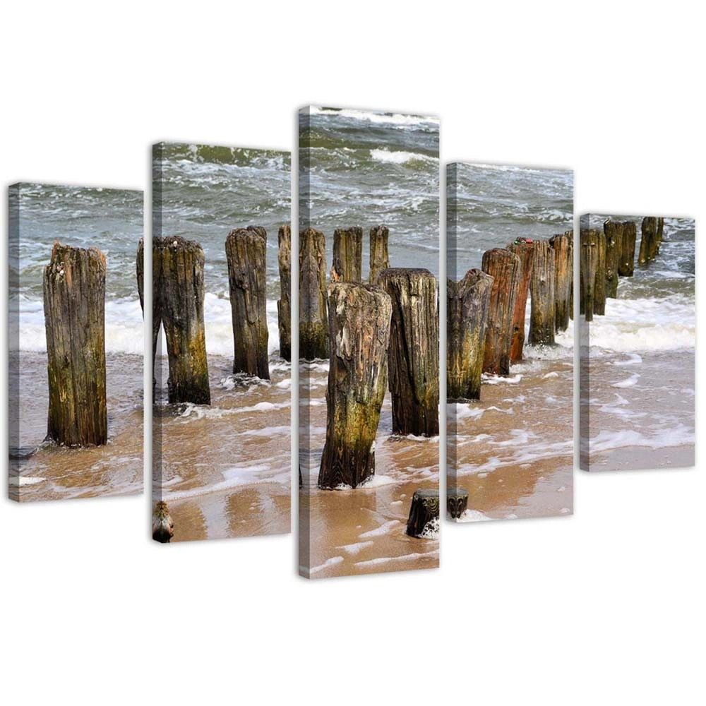 Five piece picture canvas print, Waves on the beach